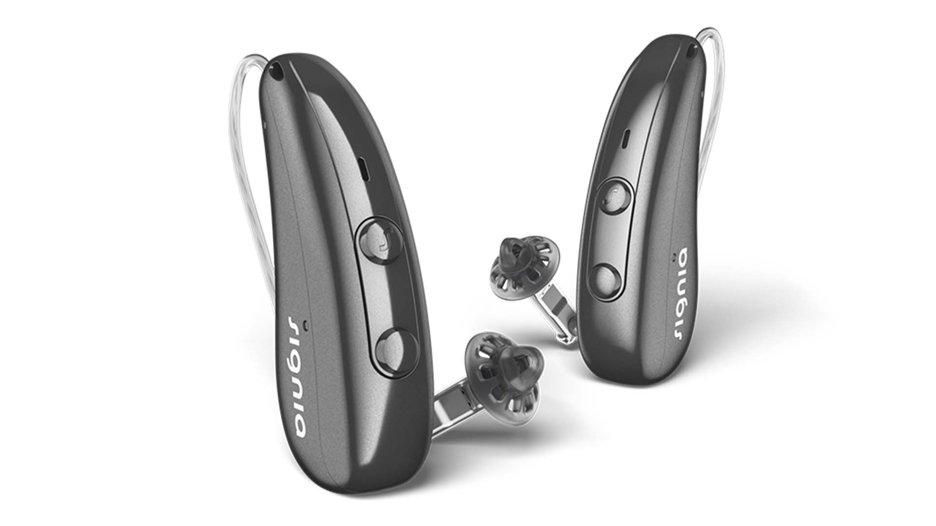 Signia pure charge pair of hearing aids in shadow grey.