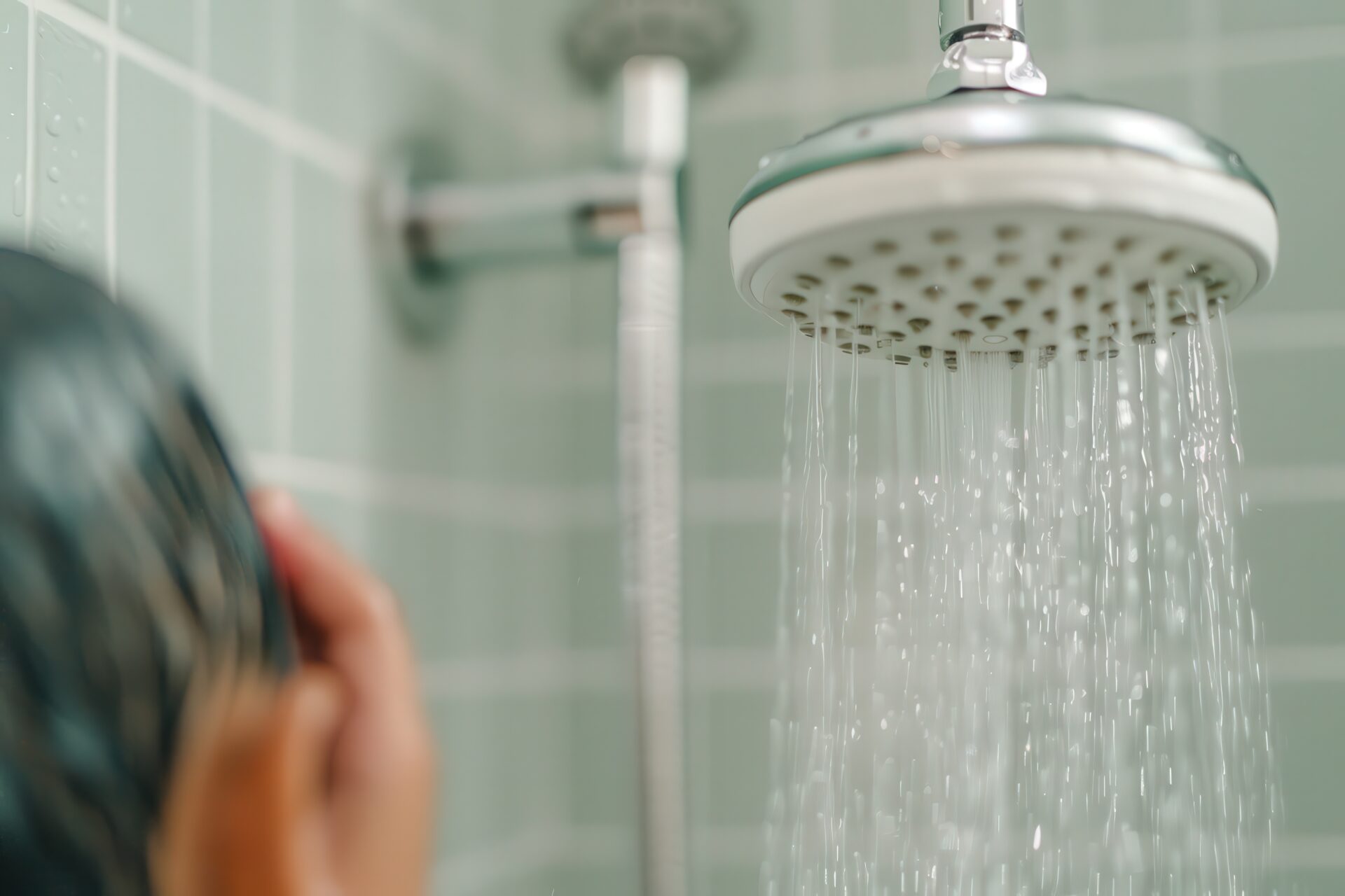 Close up of a person showering in a modern bathroom.